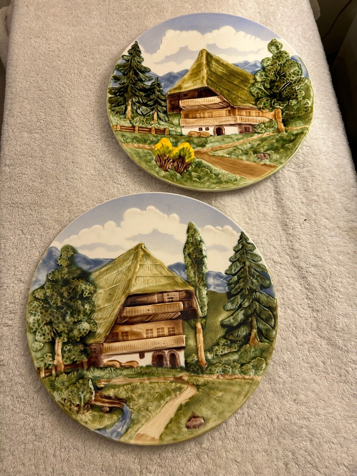 3D Plates German Majolica 12” Chalet Forest/Mountains 4503, 4504, 2 Hand Painted