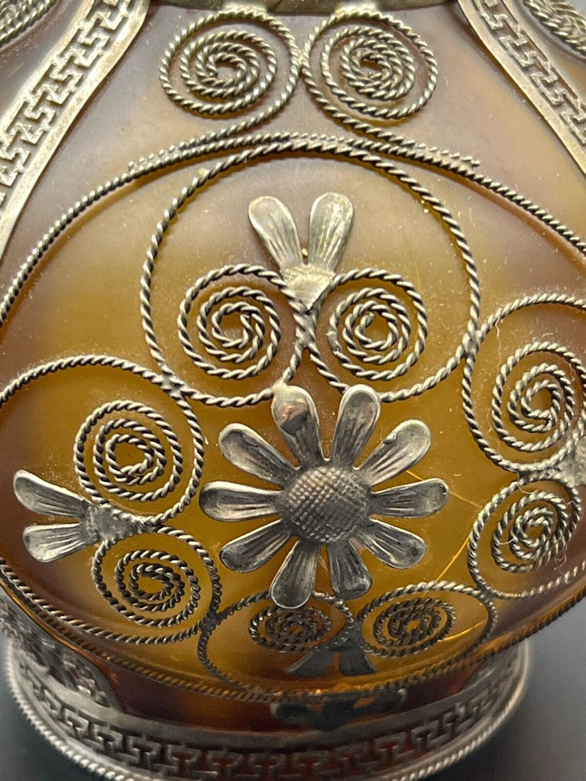 AMAZING Brown Satin Glass Vase Wrapped in Filigree Metal, 12.5\