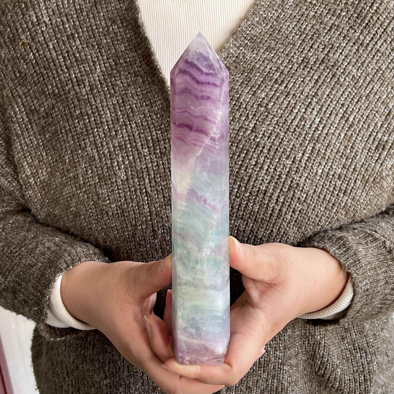 1.45LB natural fluorite quartz crystal obelisk wand point healing TQS8844