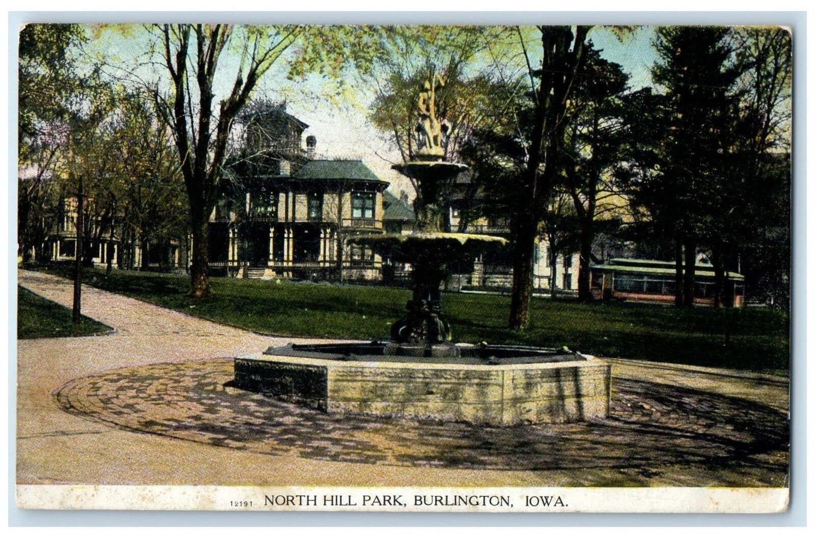 c1910s North Hill Park Fountain Trees Residences Burlington Iowa IA Postcard