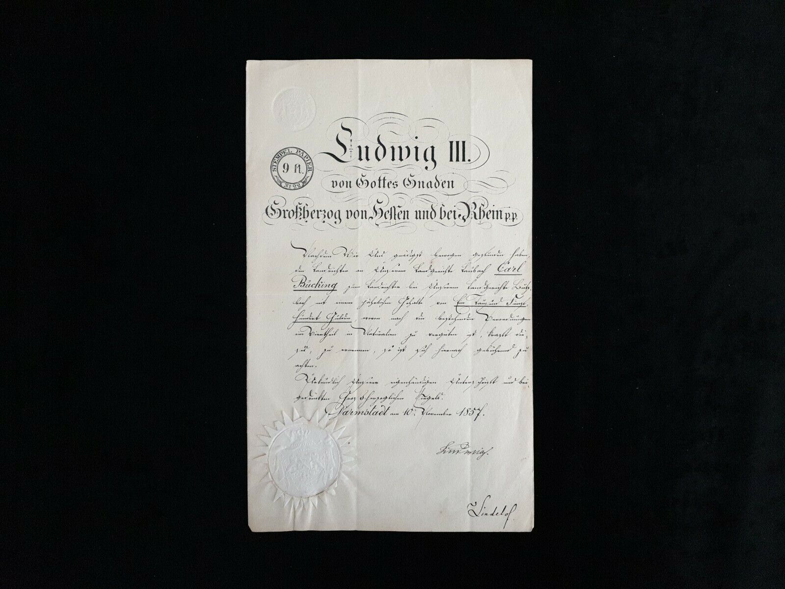 1857 Royal Prince Ludwig Louis III Grand Duke Signed Document Manuscript Letter