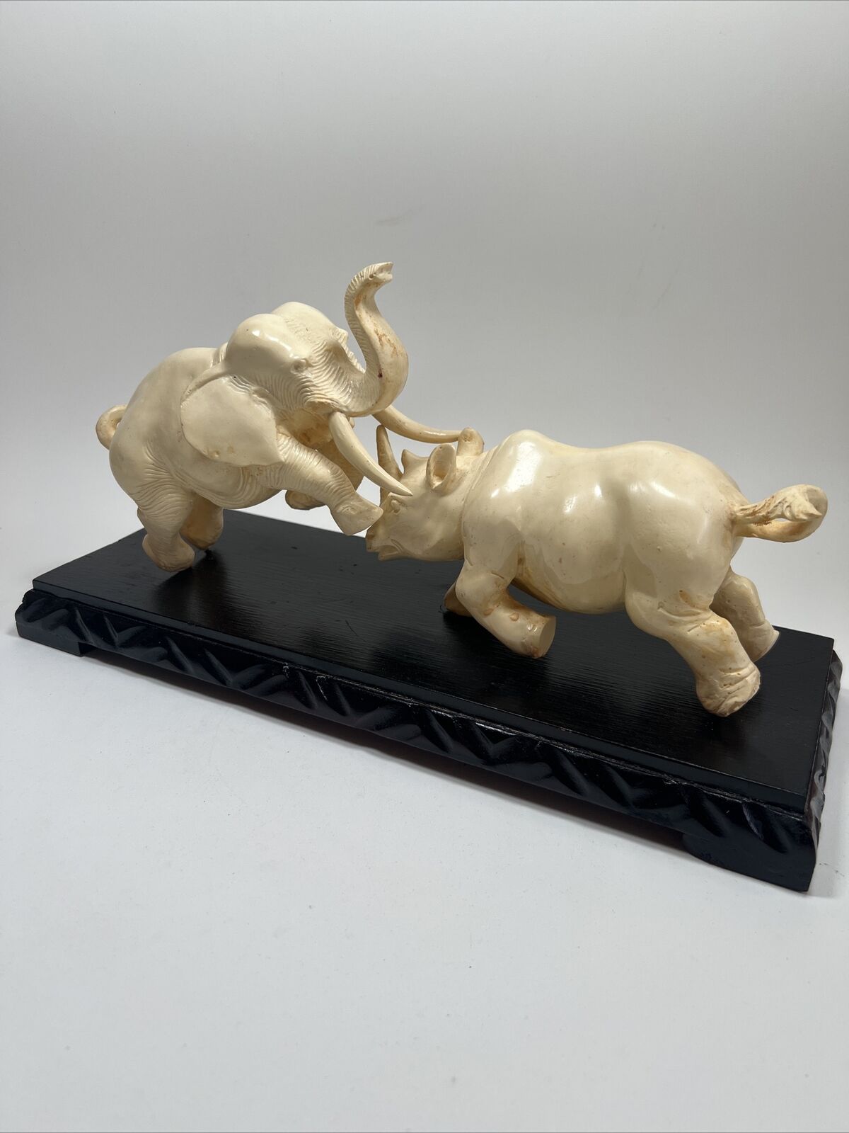 Vintage Asian Resin Figurine Elephant Fighting A Rhino