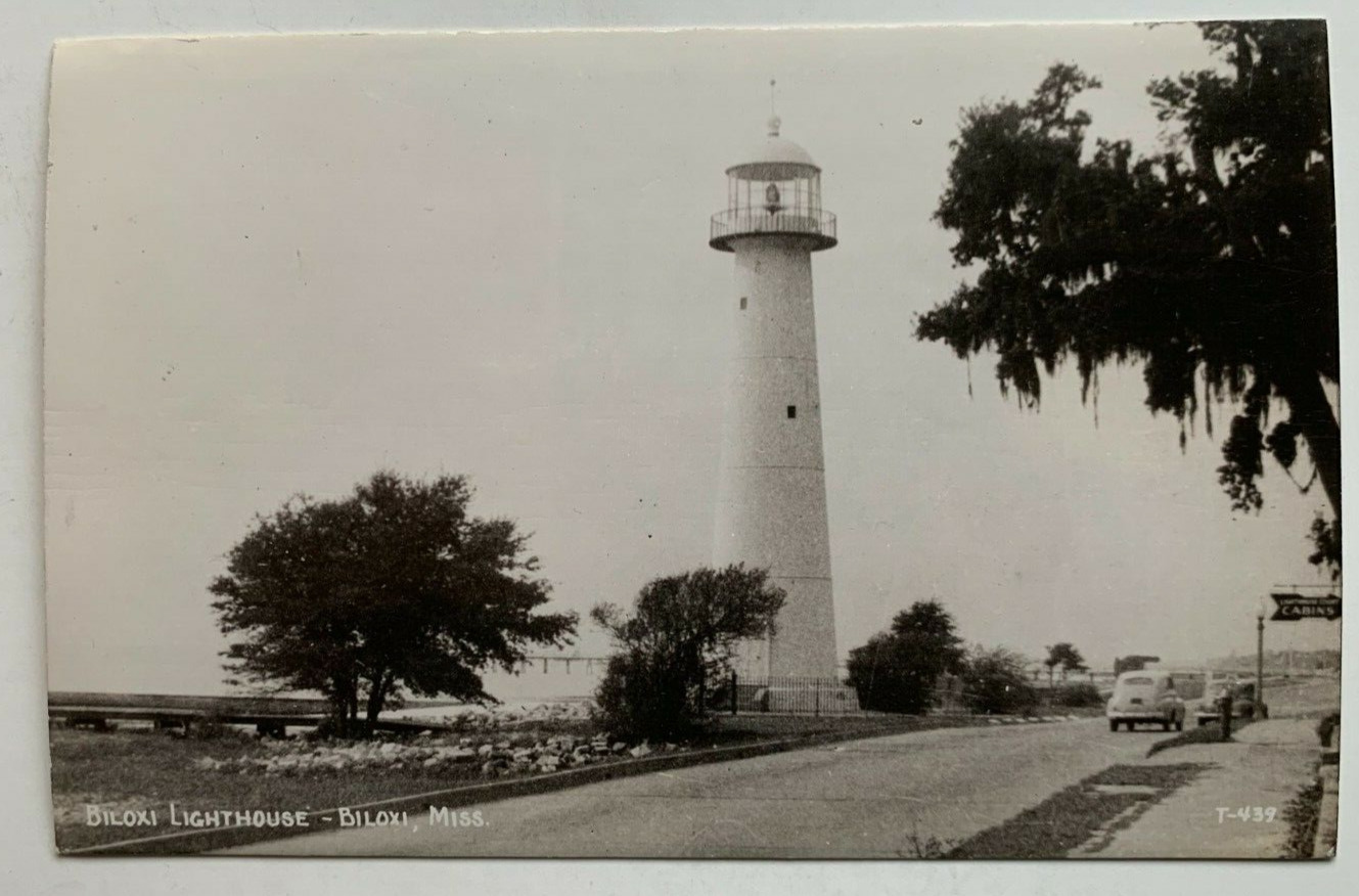 ca 1940s MS RPPC Postcard Biloxi Mississippi Lighthouse light vintage auto EKC
