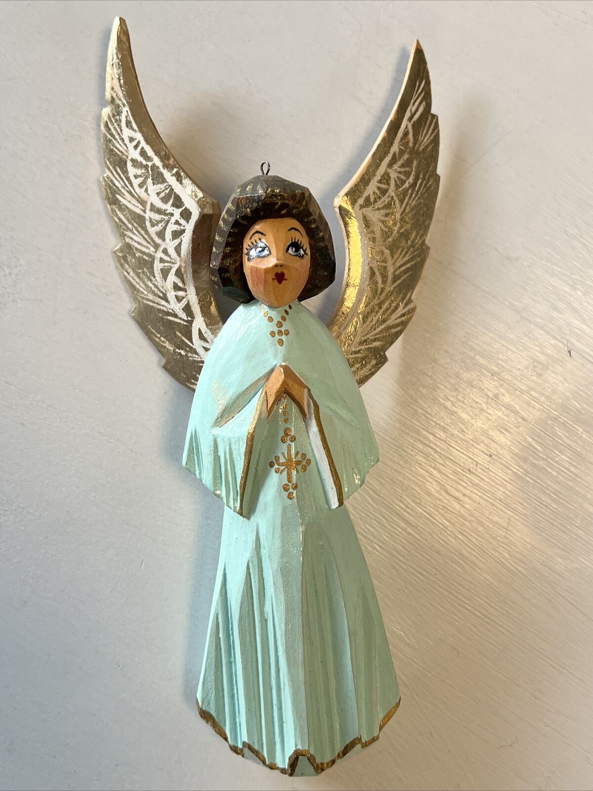 Vintage  Mexican Hand Painted Carved Wood Angel w/Wings Folk Art Primitive