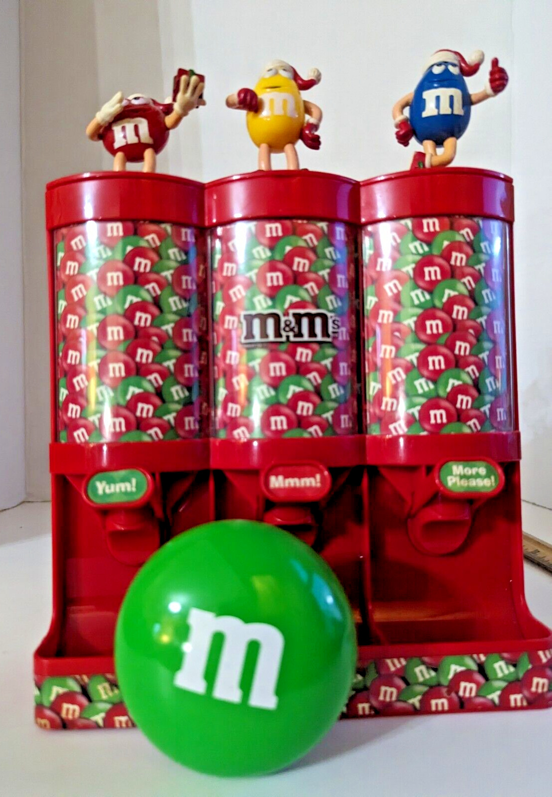 M&M Christmas Triple Red Candy Dispenser 2008 Red Yellow Blue Green
