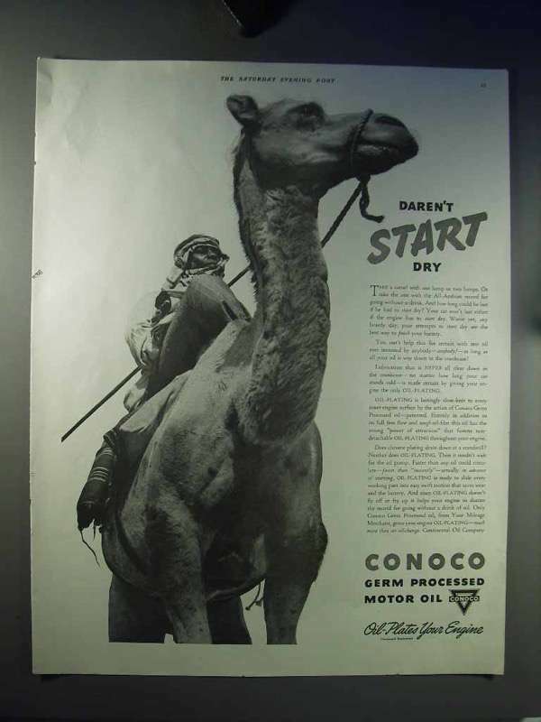 1938 Conoco Motor Oil Ad - Daren't Start Dry