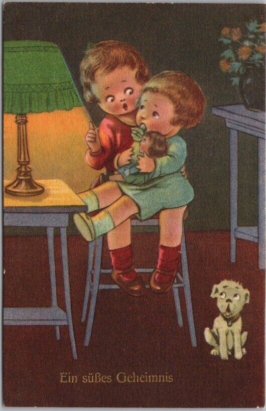 Vintage German Greetings Postcard Mother w/ Girl & Dog 