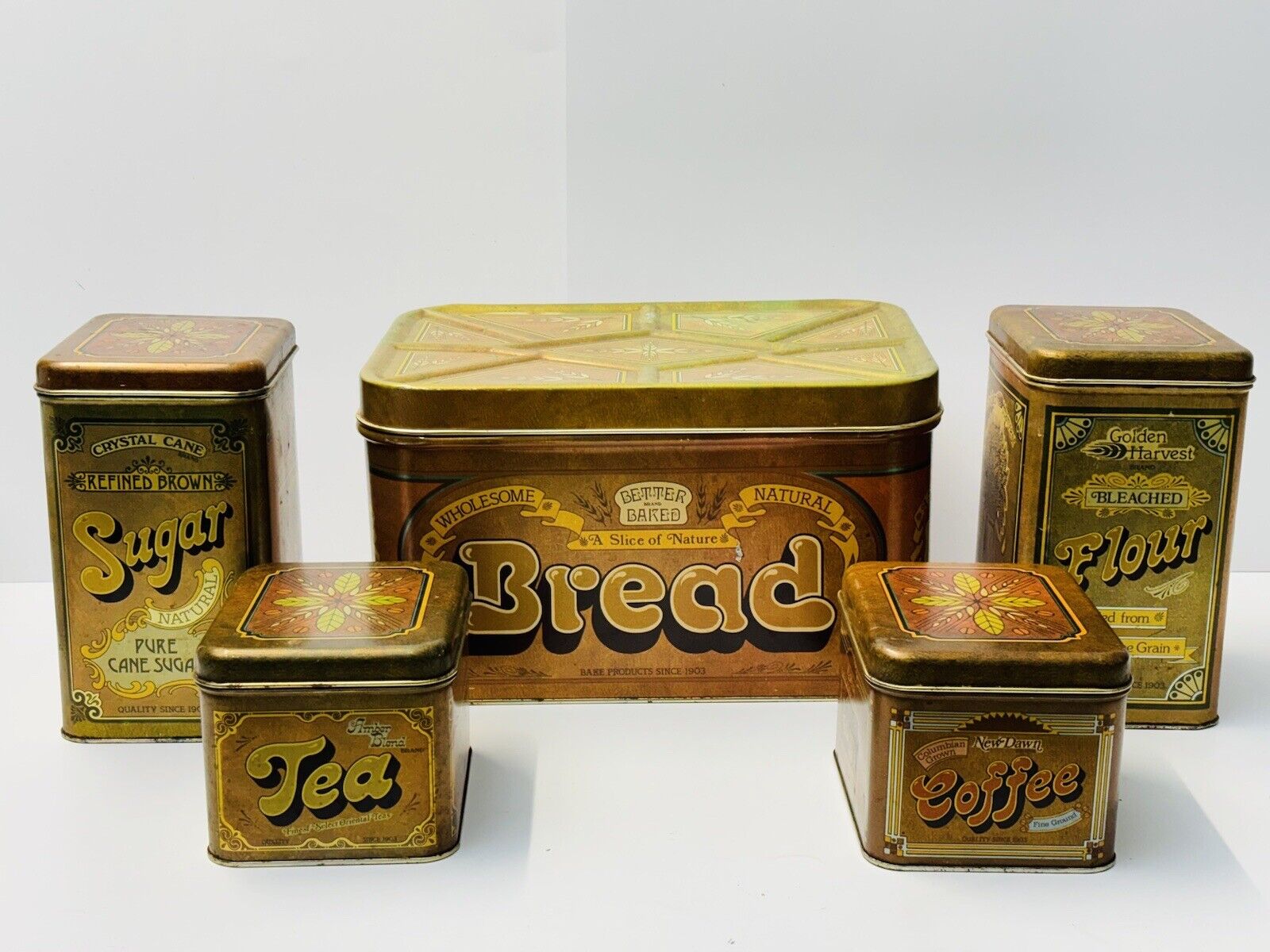 Vintage 1970s Ballonoff Tin Bread, Flour, Tea, Sugar, Coffee Set of 5 Canisters