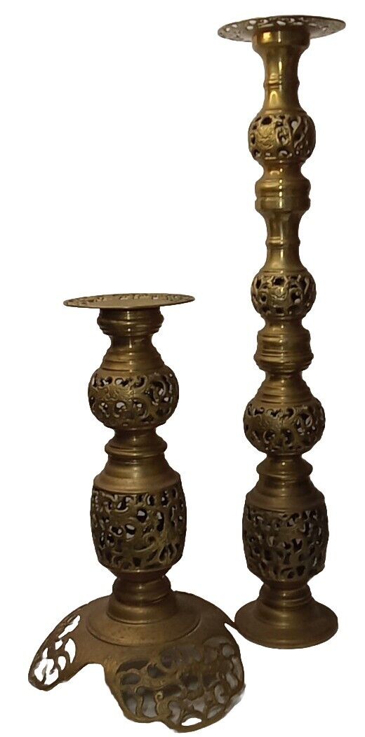 Vintage Solid Brass Filigree Tall Candle Holders Ornate 