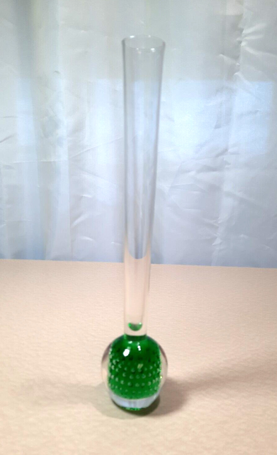 Vintage Hand Blown Bud Vase 9.5 Inch Green Ball Bottom With Controlled Bubbles