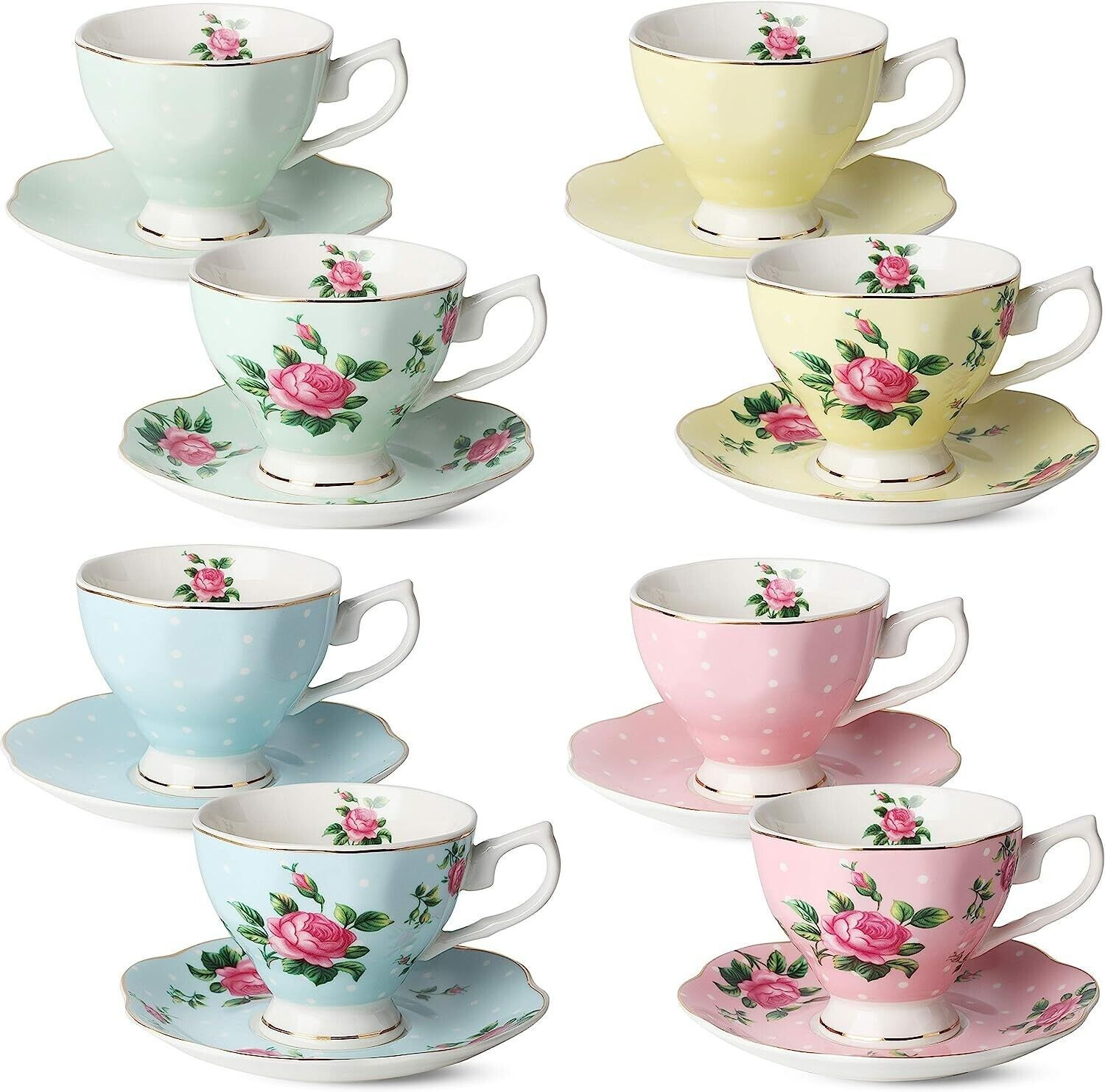 Btat- Floral Tea Cups and Saucers, Set of 8 (8 Oz) Multi-Color with Gold Trim an