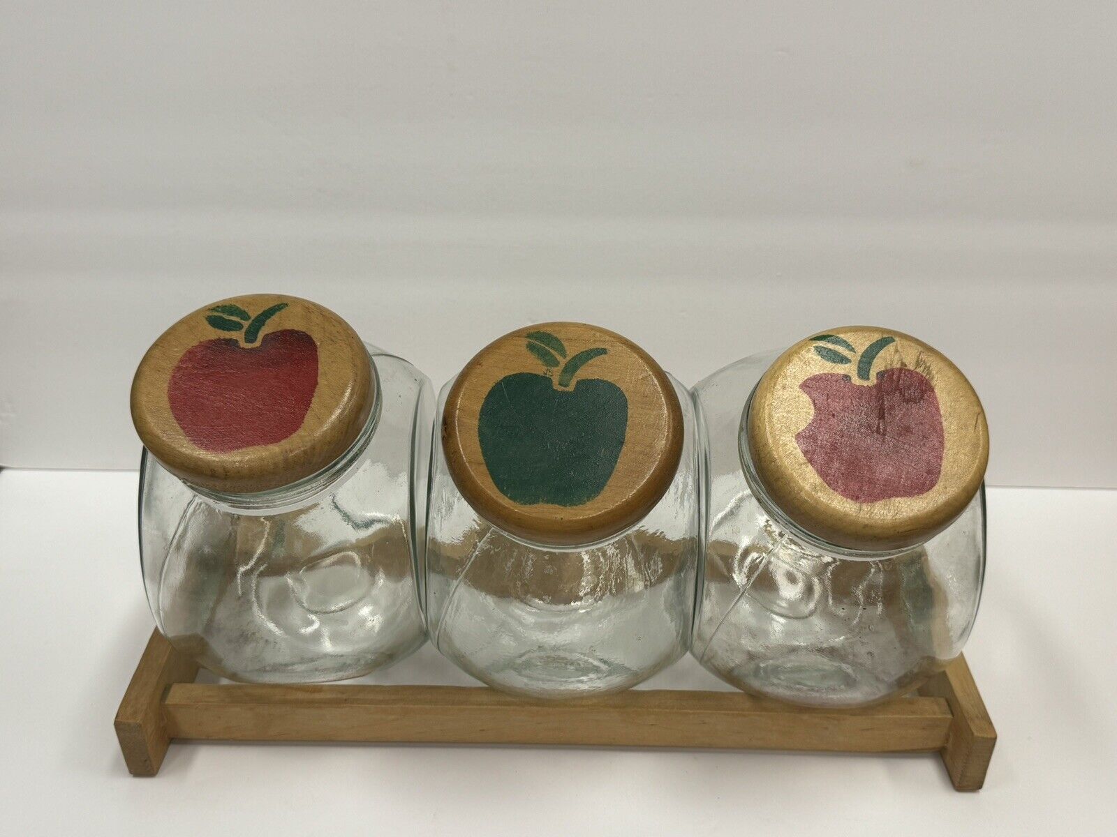 Vintage 3 Piece Glass Apple Canister Set With Stand For Kitchen And Home Decor