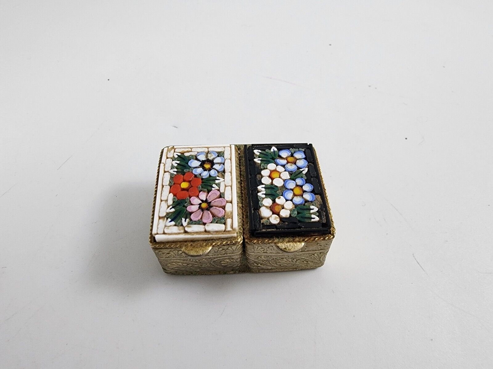 Antique Micro Mosaic Patch Double Hinged Trinket Pill Box Italy