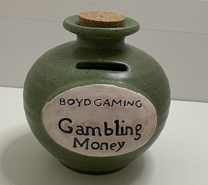 Vintage Boyd Gaming GAMBLING CASINO MONEY Bank Stoneware Pottery w/Cork Lid