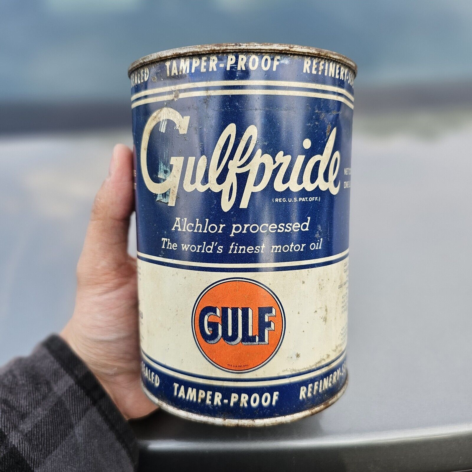 Vintage Gulfpride Oil Can One Quart Metal Tin Empty QT Motor Oil