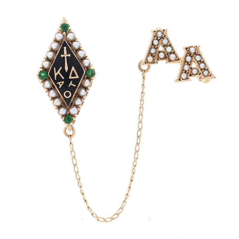 Yellow Gold Kappa Delta Badge & Guard Pin - 10k Emerald & Pearl Sorority Greek