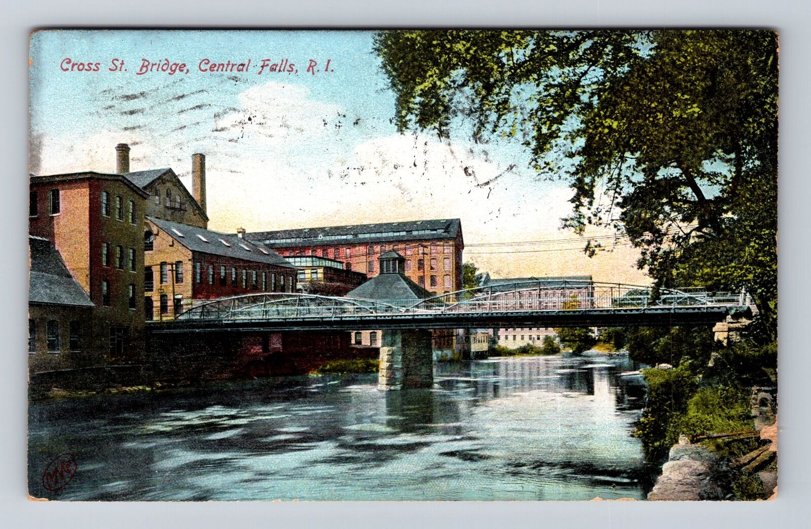 Central Falls RI-Rhode Island, Cross St Bridge, Antique, Vintage c1908 Postcard