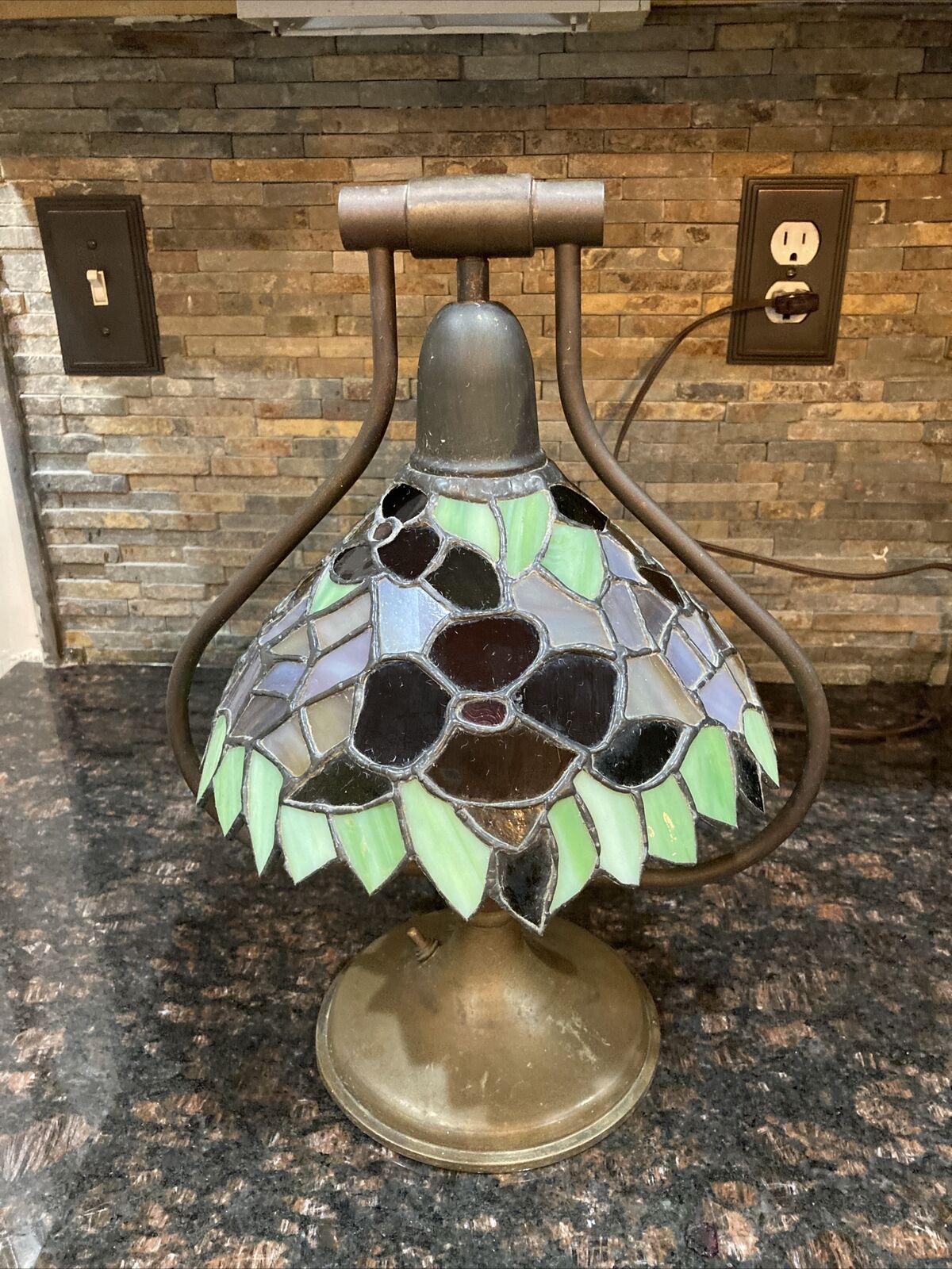 Vintage Bell Shaped Stained Glass Lamp Brass