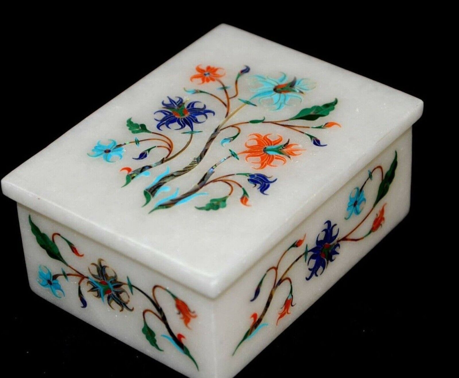 4 x 3 Inches Jewelry Box Multicolor Stone Inlay Work White Marble Necklace Box