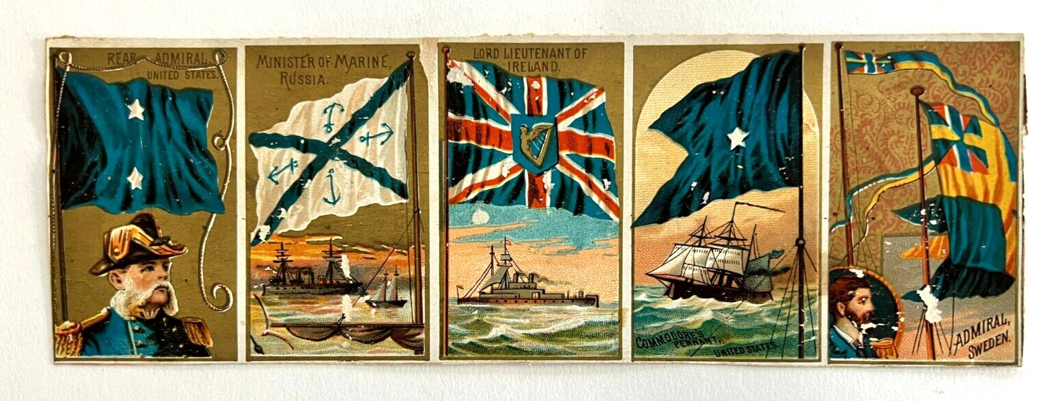 Lot Of 5 Allen & Ginter Naval Flags Admiral Tobacco Cards c: 1886 Uncut Strip