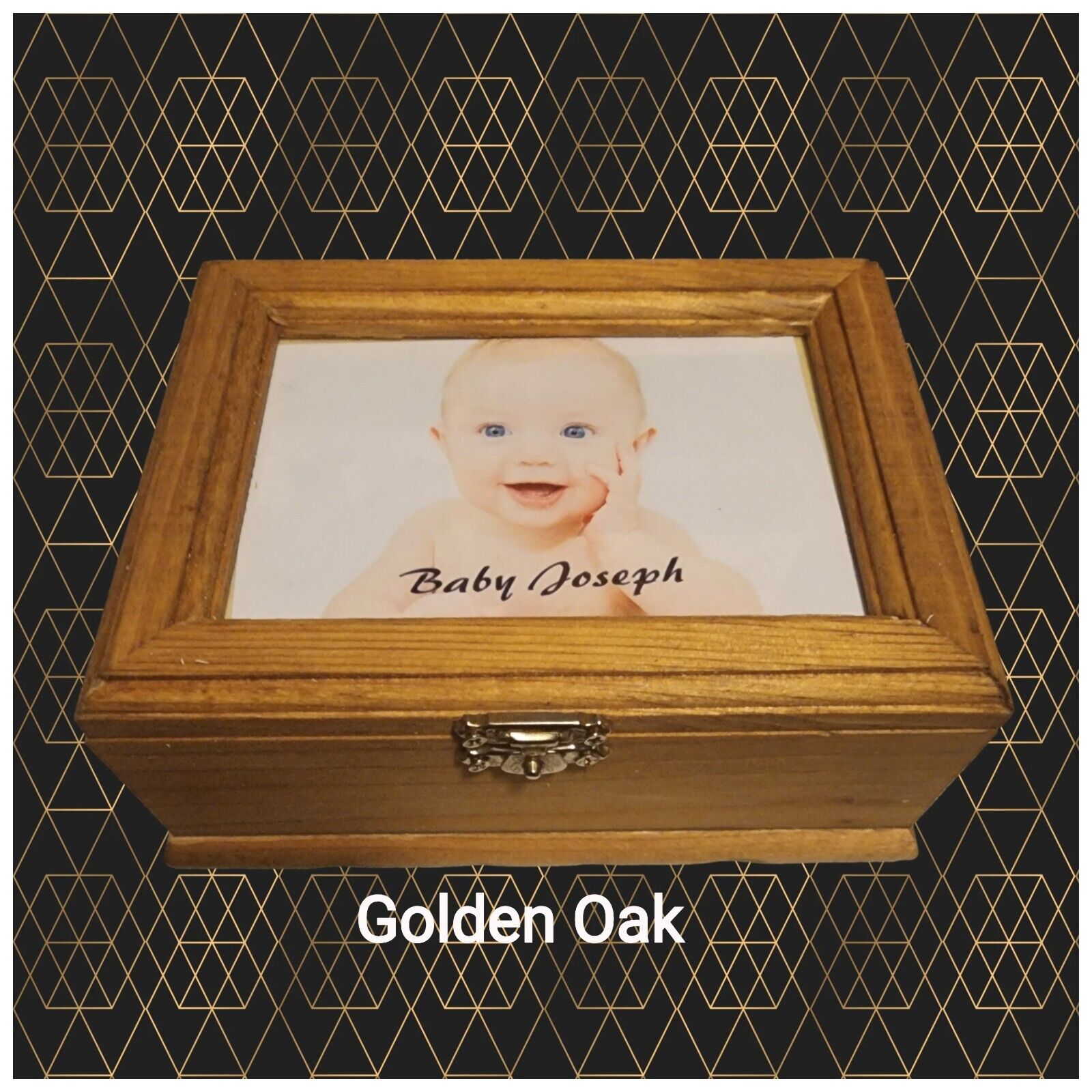 WOODEN KEEPSAKE BOX WITH GLASS FRAMED PICTURE INSERTED BY US