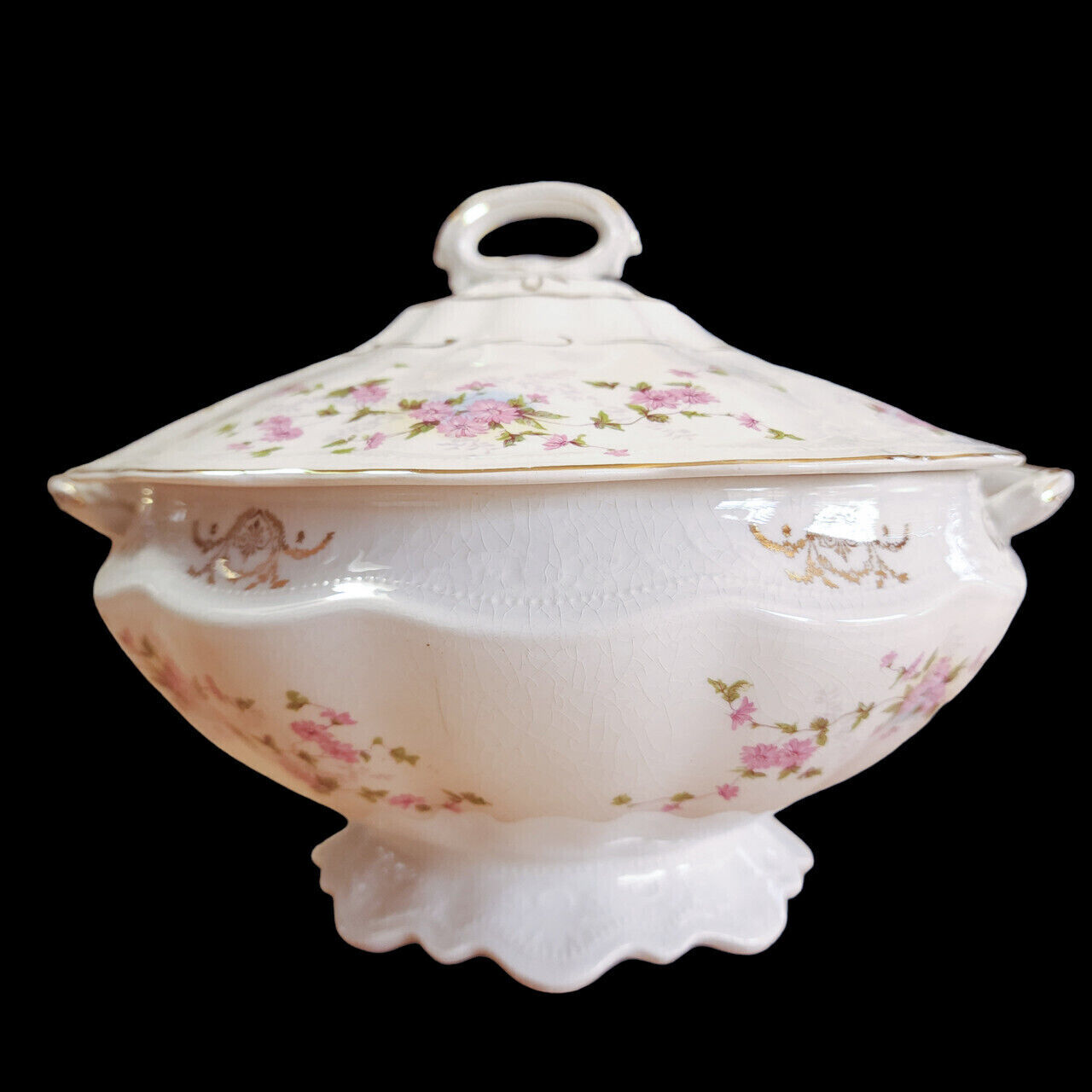 Dixie E.P.P. Co Pink Flowers Gold Porcelain Round Soup Tureen & Lid