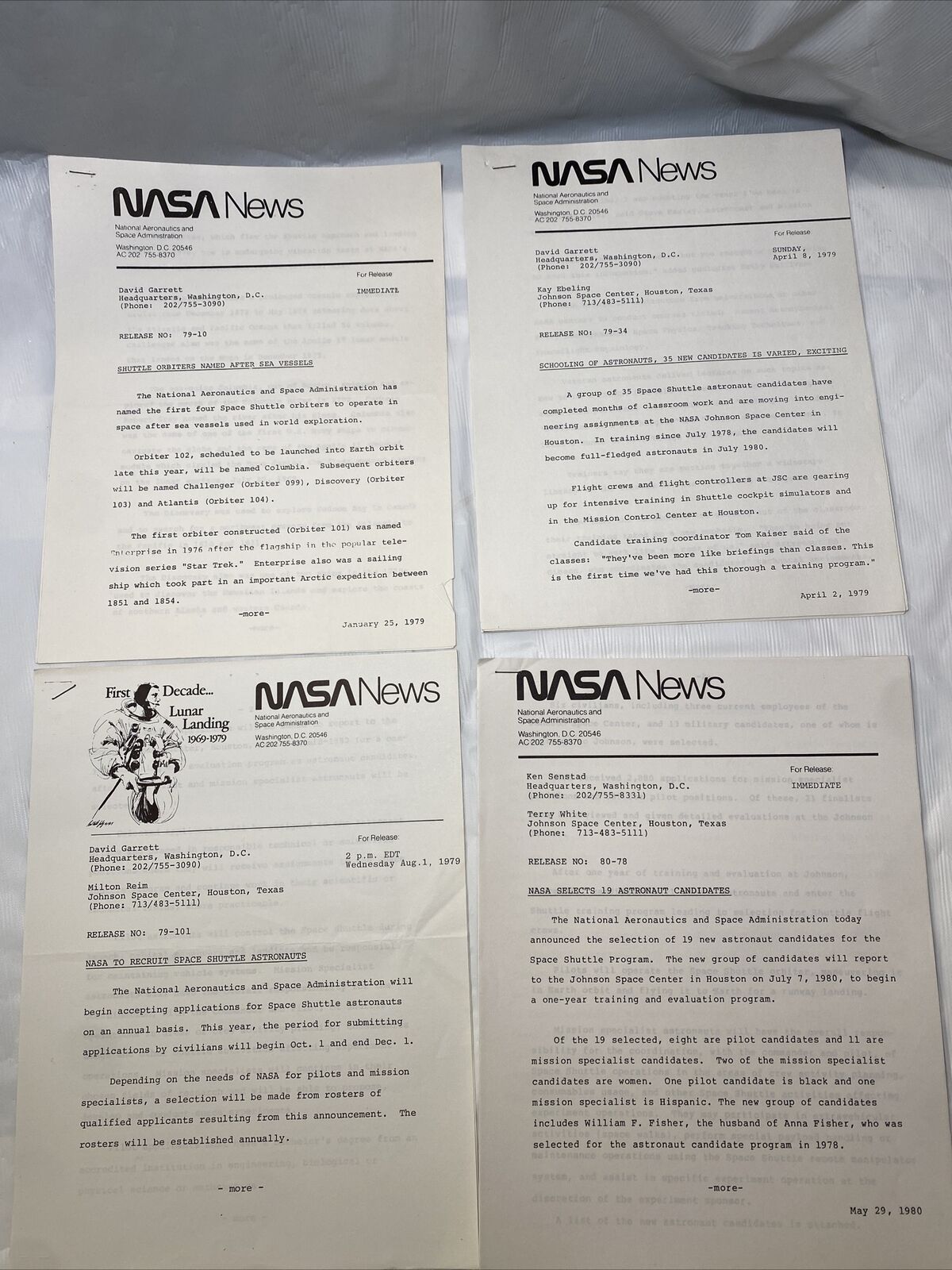 Nasa News Release Lot - 1979-80 Shuttle Columbia, Discovery, Challenger & More
