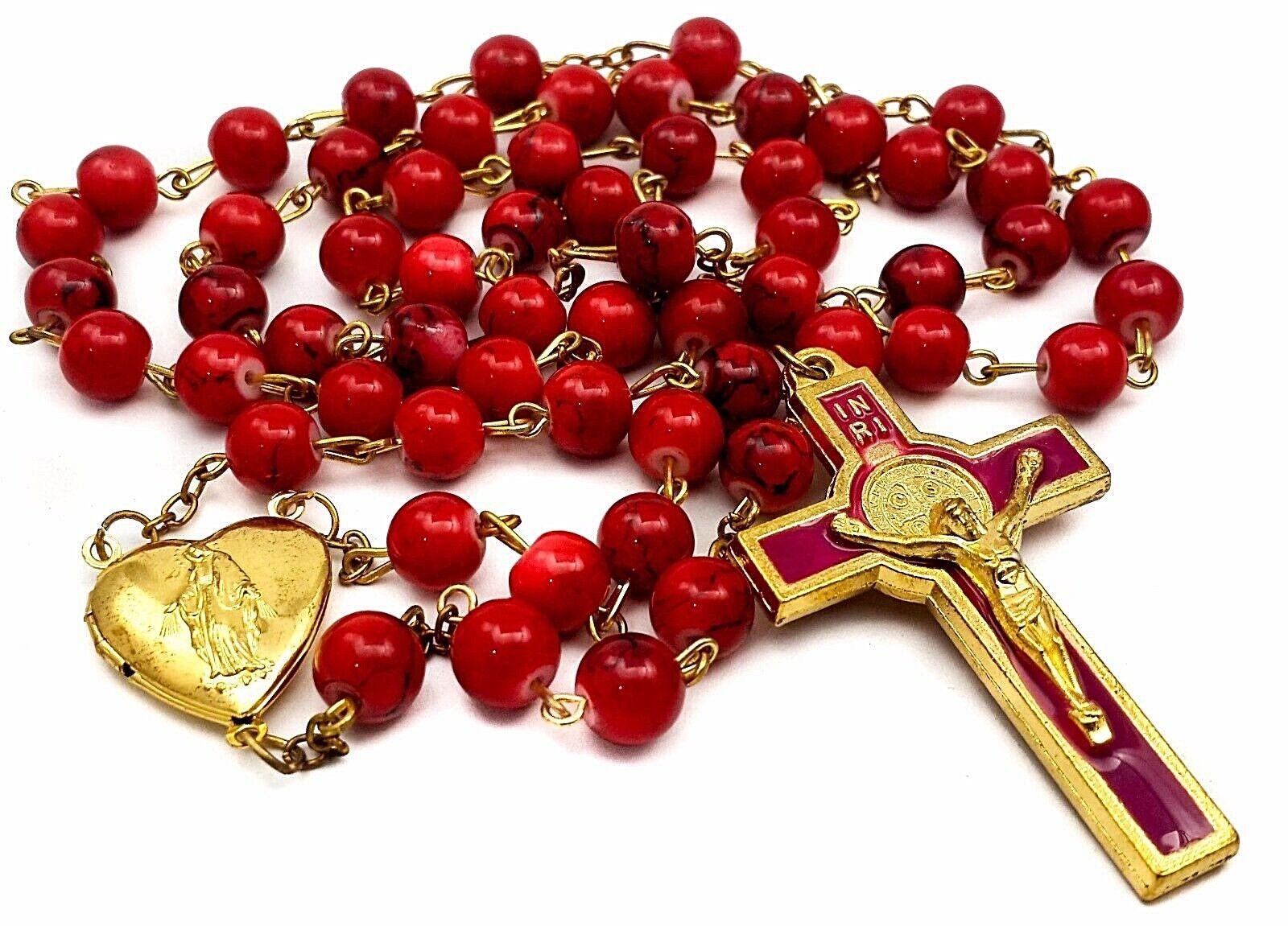 St Benedict Rosary Catholic Necklace Red Glass Beads San Benito Medal & Cross