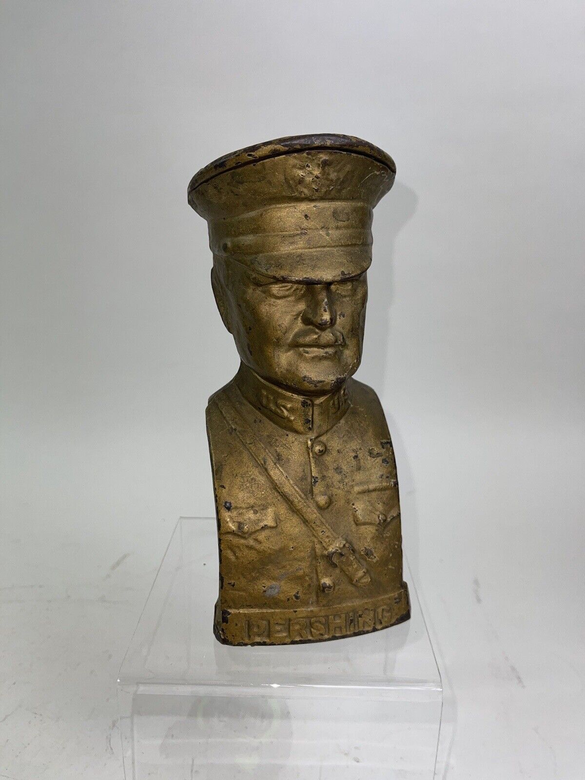 ANTIQUE CIRCA  1918 CAST IRON WWI GENERAL PERSHING Still COIN BANK  Excellent