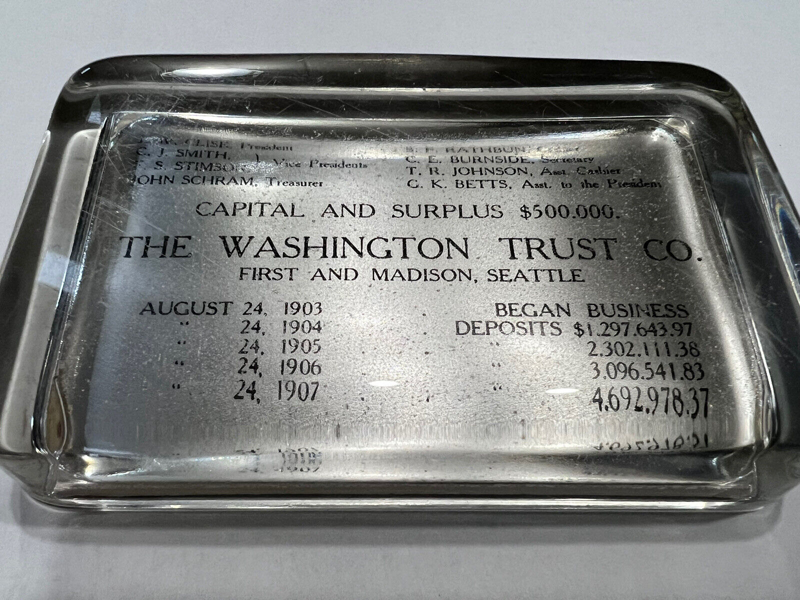 Antique Seattle 1908 WASHINGTON Trust Co Bank Lucite Paperweight Clise Simpson