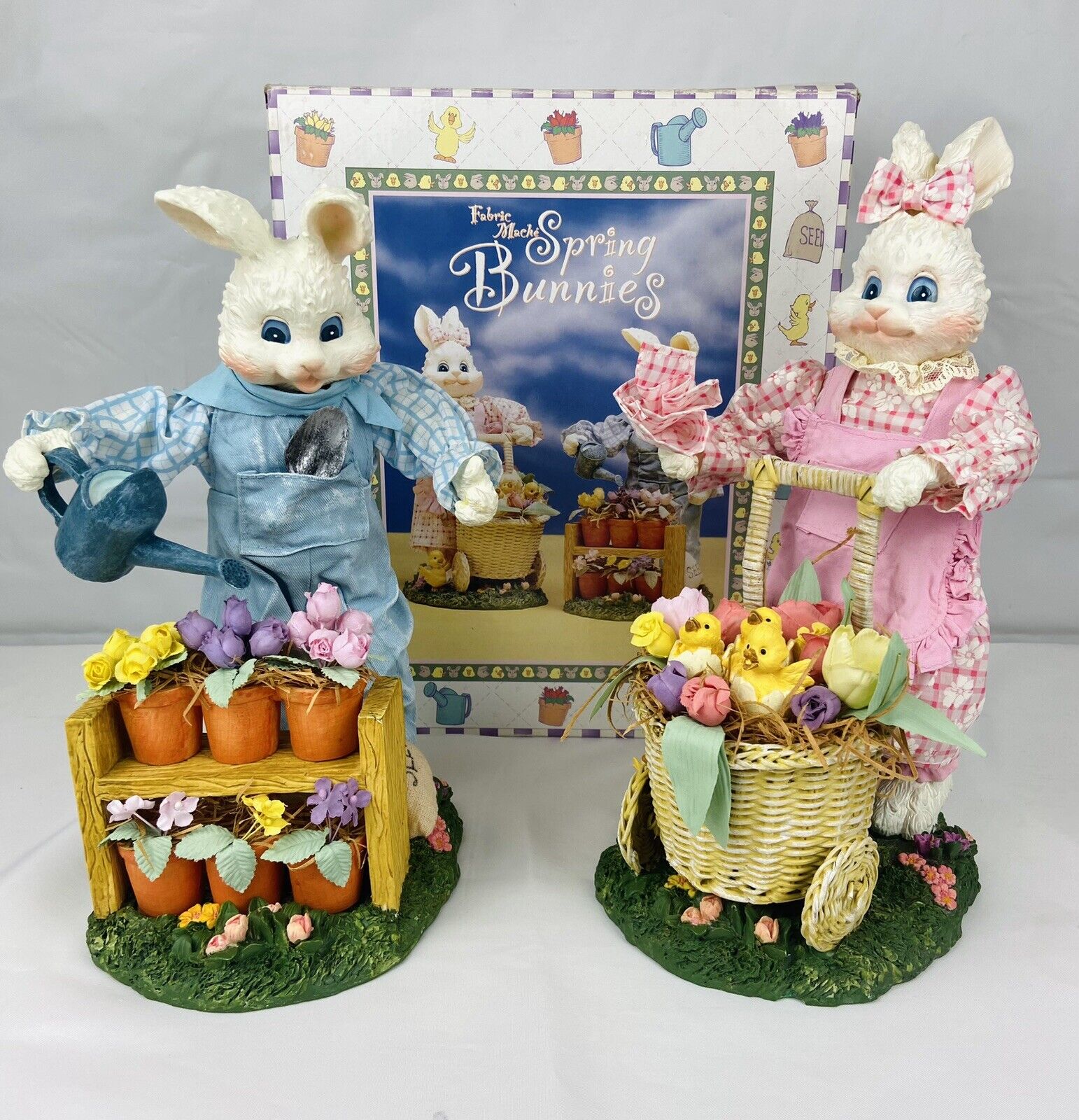 Vintage 2pc Easter Bunny Rabbit Figurine Sculptures 12” Fabric Mache 90’s w/Box