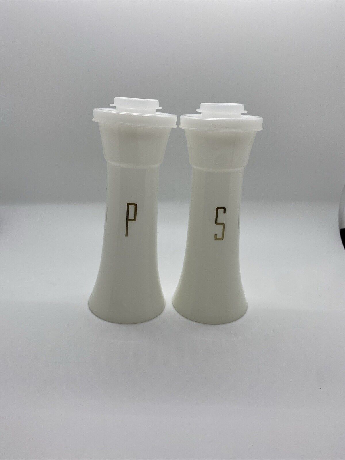 Vintage Tupperware Salt and Pepper Shakers Hourglass 1970s Gold Letters nice