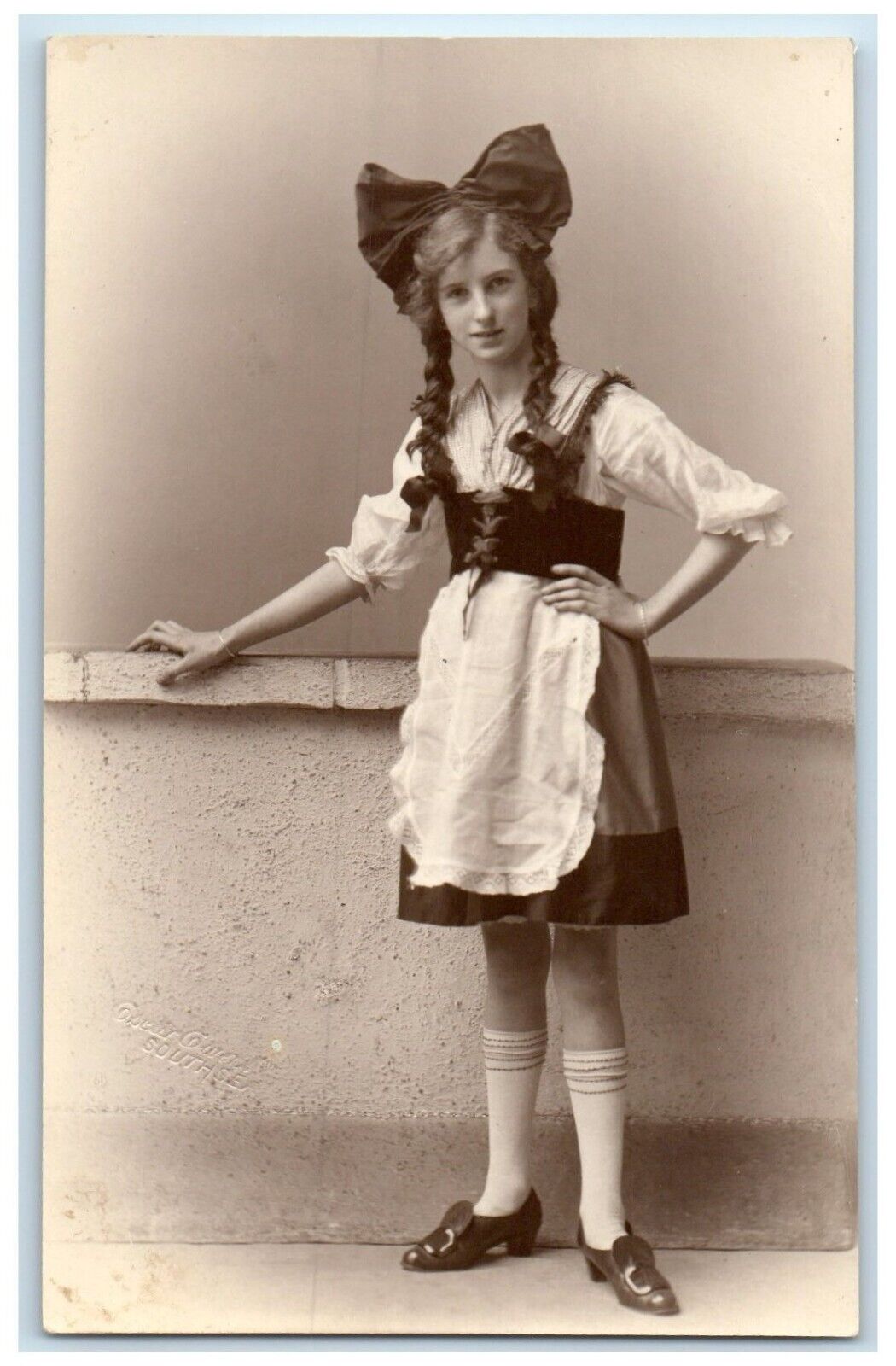 c1910's Pretty Girl France Southsea Big Ribbon Curly Hair RPPC Photo Postcard