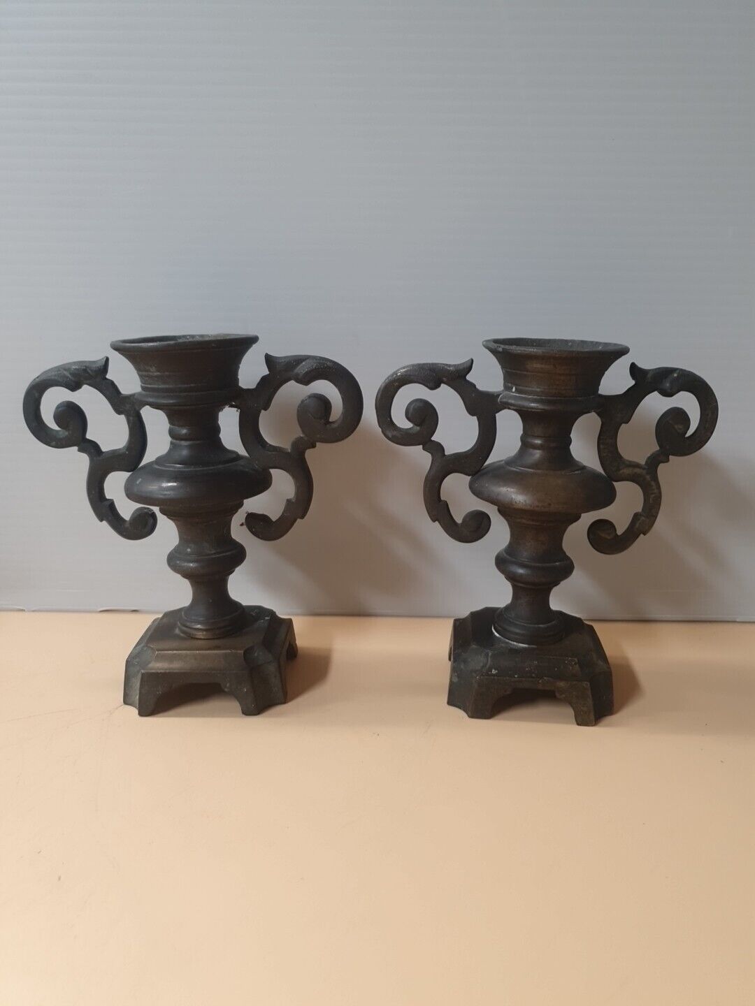 Vintage Iron Pair of 2 Rococo Candle Holder 
