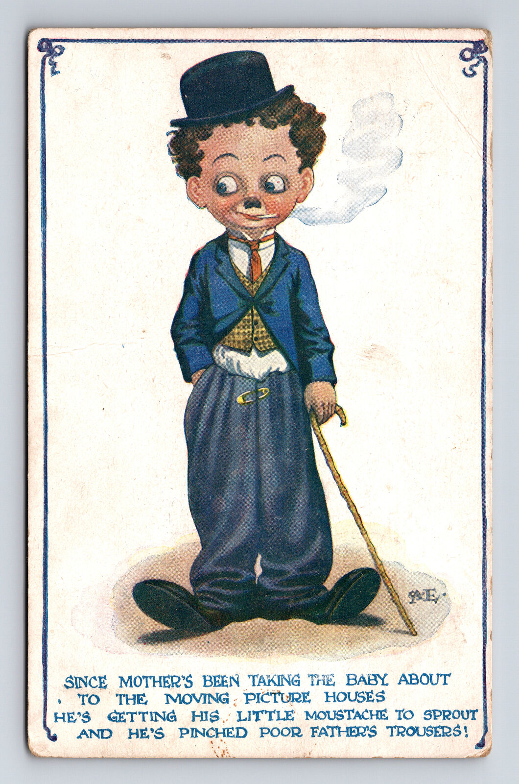 1917 Artist Signed AE Avery? Boy Charlie Chaplain Comic Art Postcard