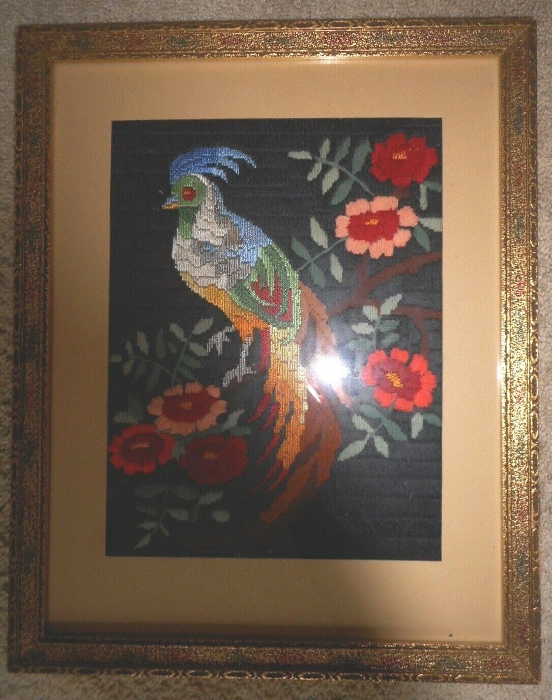 Beautiful Vintage Needlework Picture Bird floral Black Red Blue Farmhouse Framed