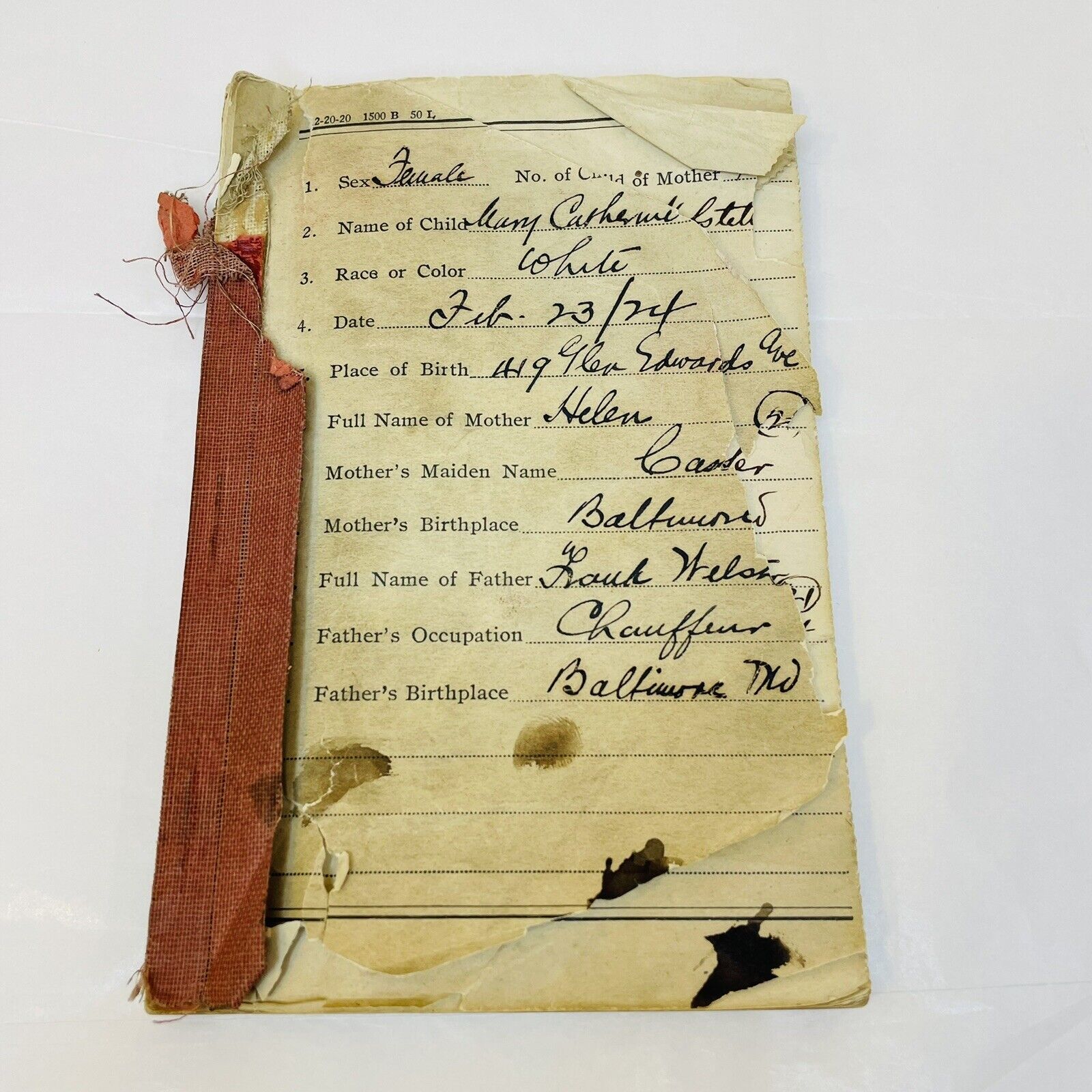 Antique Birth Records Ledger 1924 - 1927 Baltimore Maryland Rough Condition