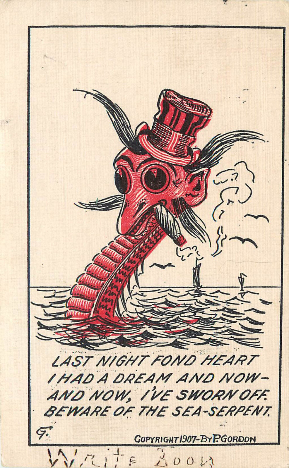 Postcard Sea Serpent Monster Smokes Cigar DPO 4 Grand Island CA Colusa Fantasy