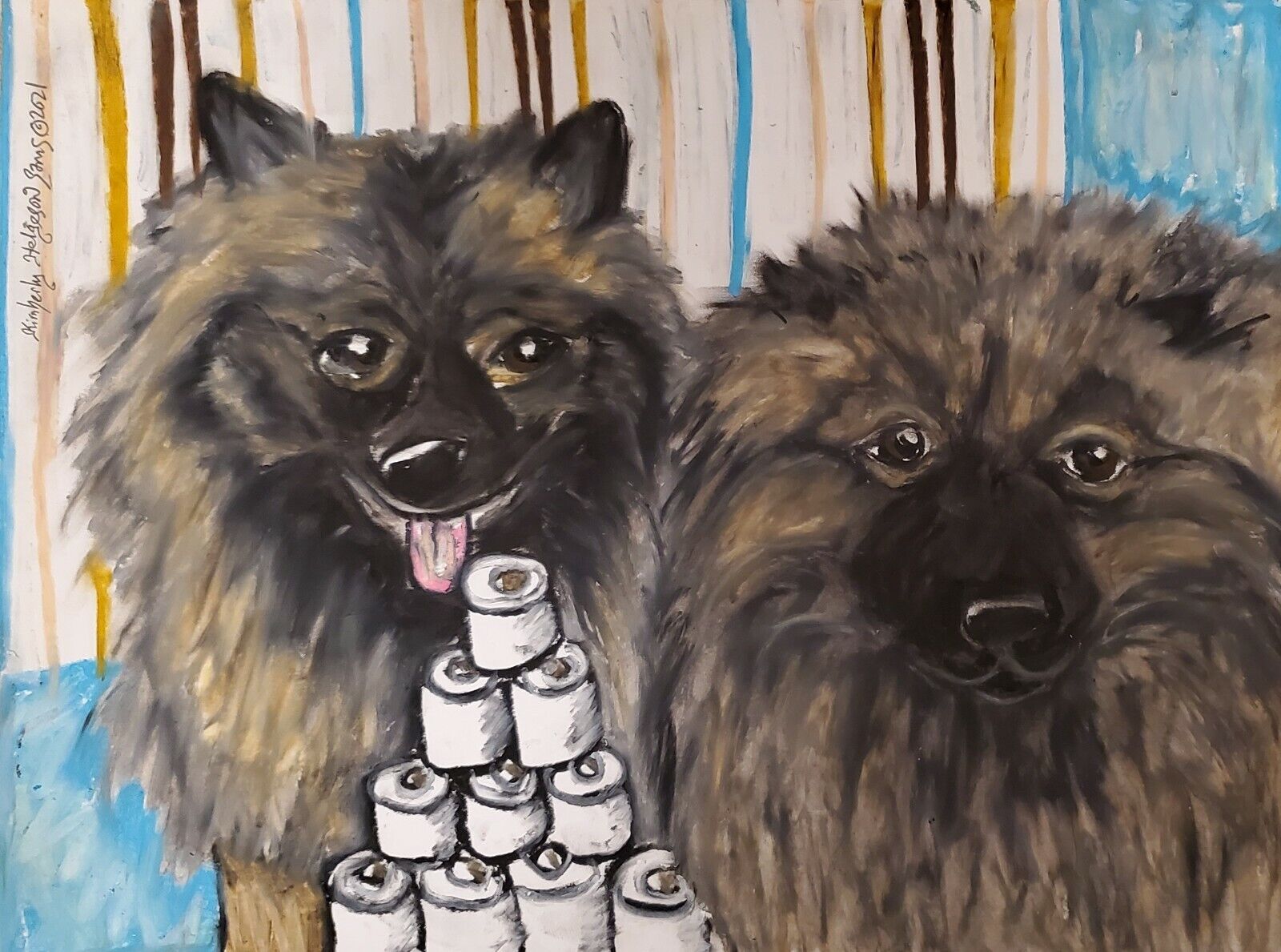 KEESHOND Hoarding TP ORIGINAL signed 9x12 pastel dog art painting KSams