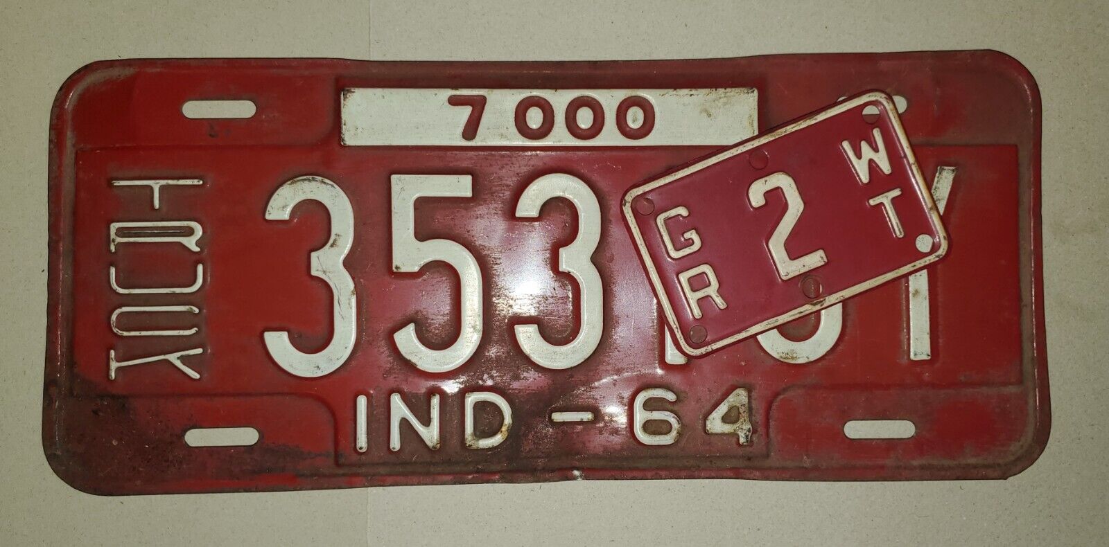 Vintage 1964 Red Indiana Tags Truck And Trailer Weight License Plate Set 
