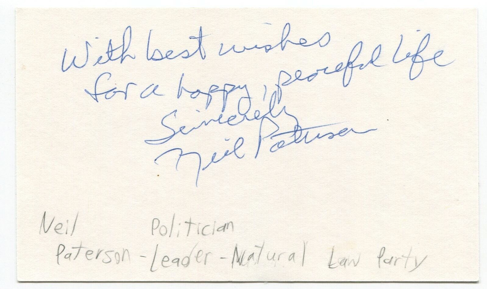 Neil Paterson Signed 3x5 Index Card Autographed Signature Canada Politician