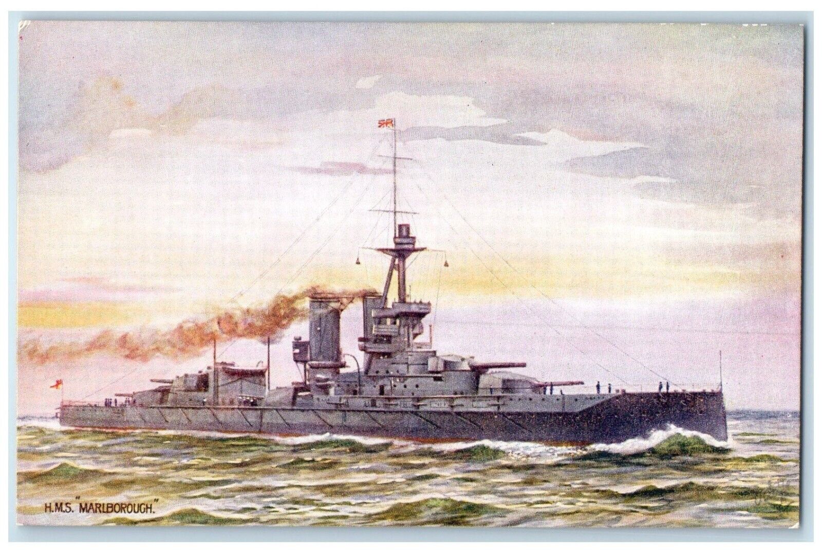 c1910 H M S Marlborough Dreadnought Battleship Oilette Vintage Unposted Postcard