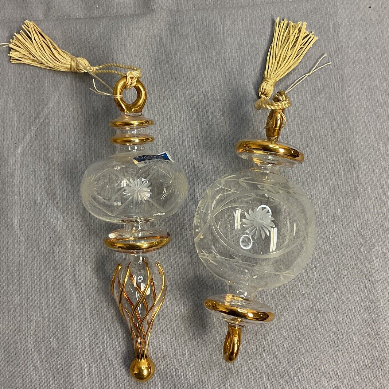 Vintage Marquis Waterford Glass Etched Ornaments Holiday Tassels Gold Accents