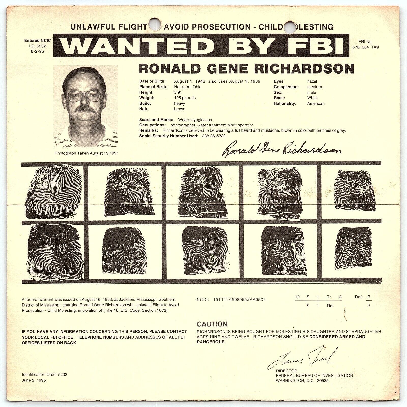 1995 FBI WANTED POSTER RONALD GENE RICHARDSON CHILD MOLESTER AGE 9 & 12  Z4963