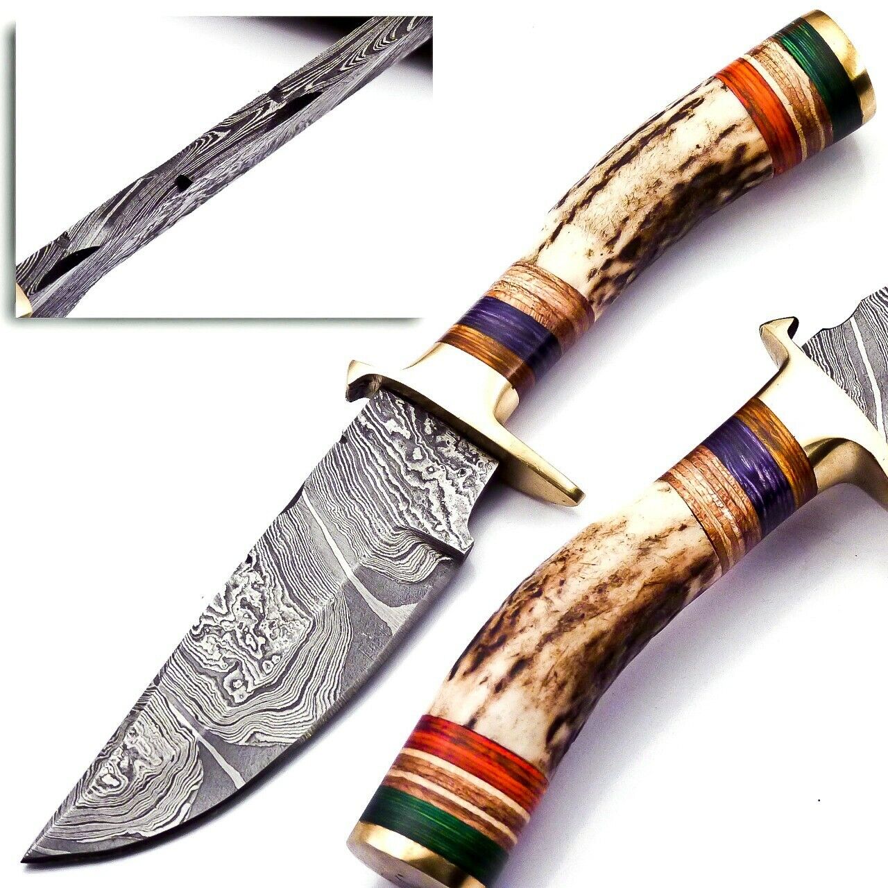 CUSTOM HAND FORGED DAMASCUS STEEL HUNTING KNIFE W/ Stag Handle Brass Guard