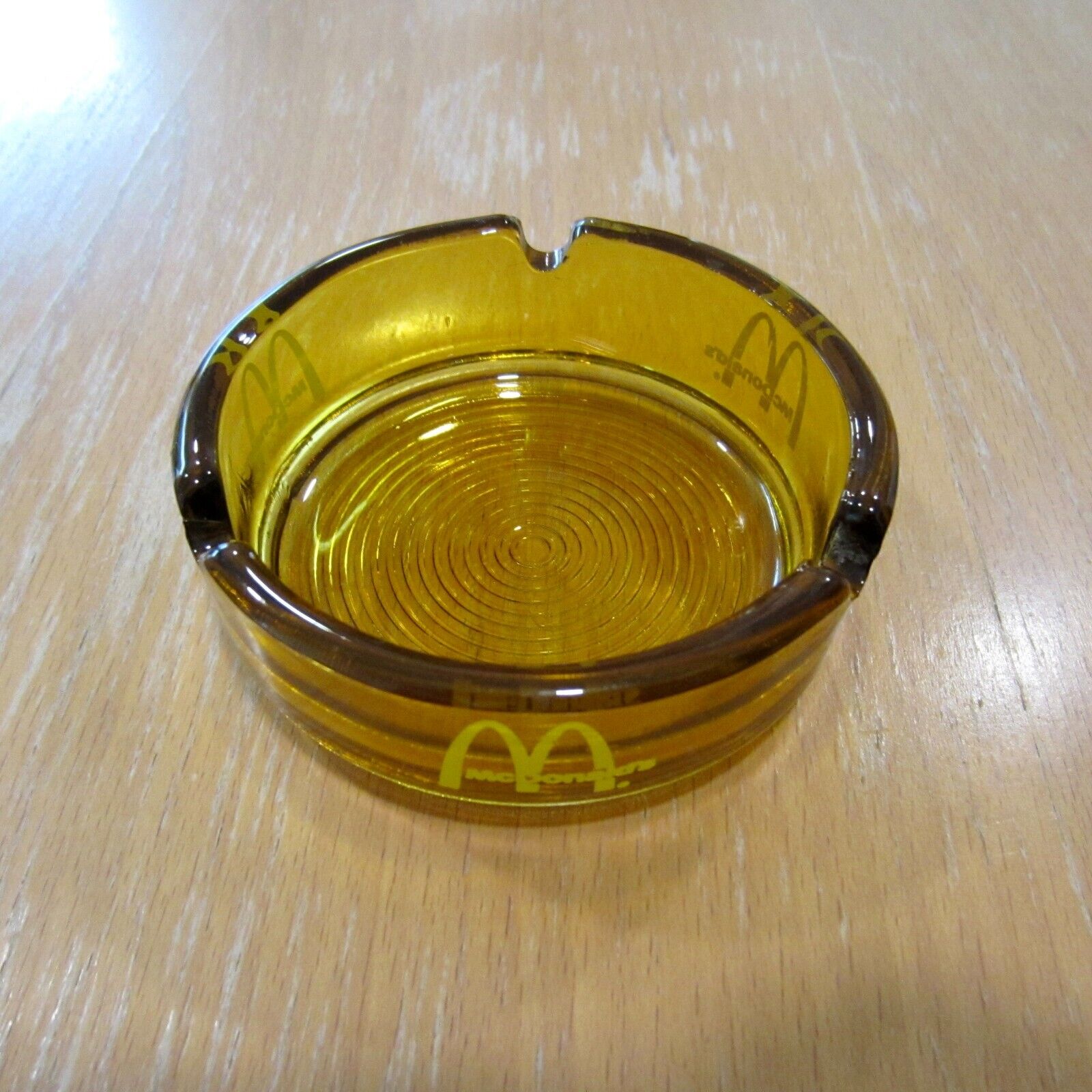 Rare Vintage 70s McDonald's Glass Ashtray Honey Amber Retro Round Spiral Bottom