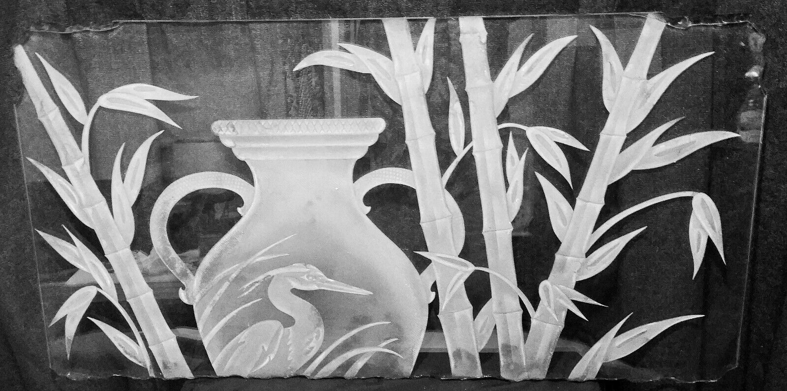 EGRET vtg bamboo etched glass panel table top florida Hawaiian california art