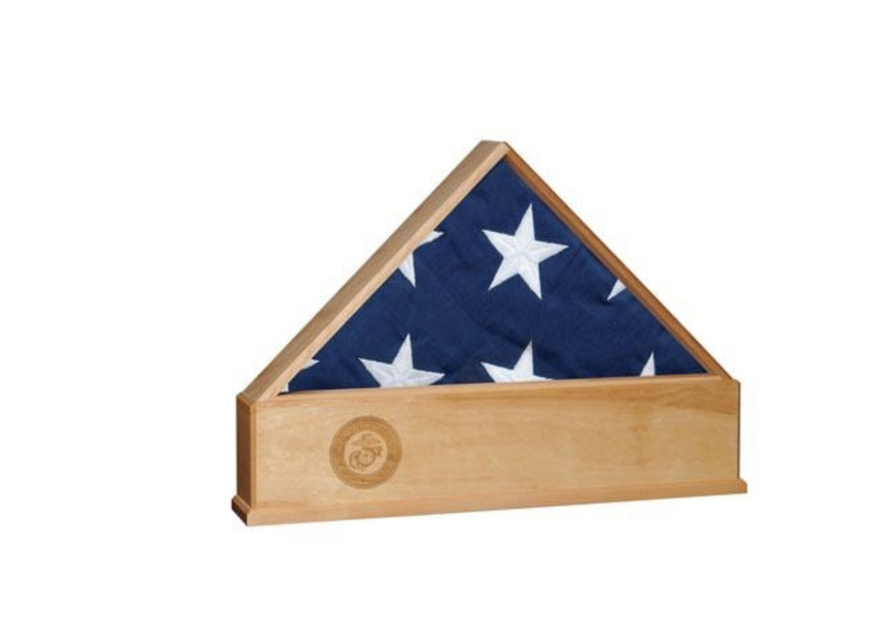 SOLID OAK US FLAG DISPLAY CASE WITH MARINE CORPS EMBLEM BURIAL SHADOW BOX