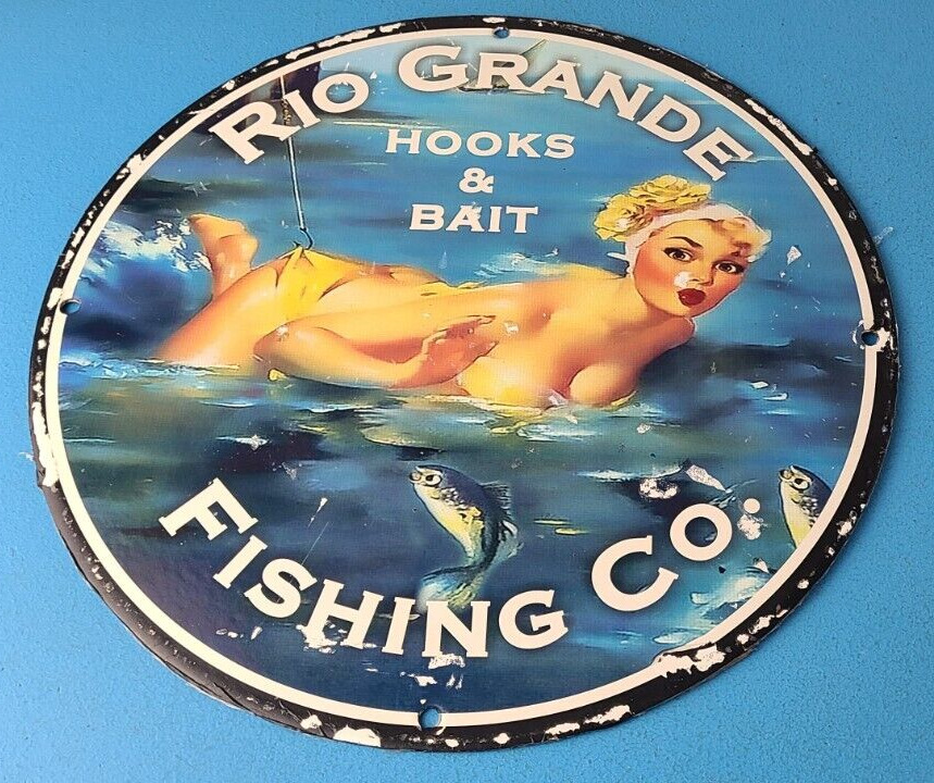 Vintage Rio Grande Sign - Hooks, Bait, Tackle, Lures, Fish Minnow Gas Pump Sign