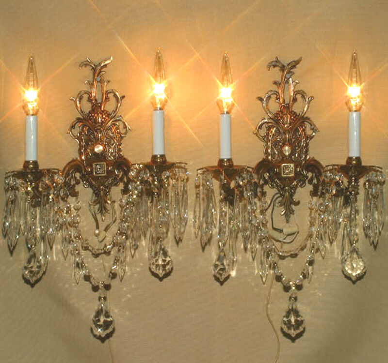 2 Gilt Bronze Brass Crystal wall lamp Sconces  Spanish French crystal prisms wow